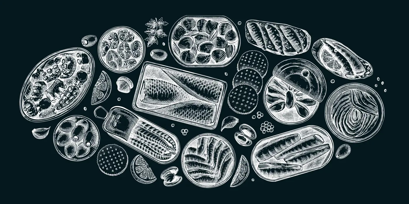 Hand drawn canned fish illustrations collection. Sardines, anchovy, mackerel, tuna, mussels in tin cans, fish canapes, olives, crackers and lemons sketches set on chalkboard. Table view design Illustration